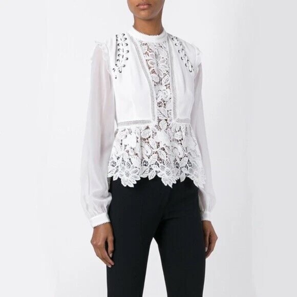 Self-Portrait White Lace Peplum Blouse – Size 2 - Picture 2 of 7